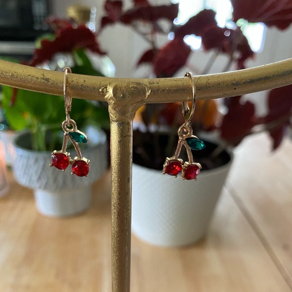 MAKE ME AND OFFER NWT Red Stone Gold Cherry Charm Huggie Earrings - Picture 2 of 2
